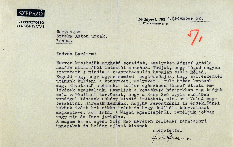 Szép Szó - Fejtő Ferenc levele Anton Strakához. 1937. december 22.