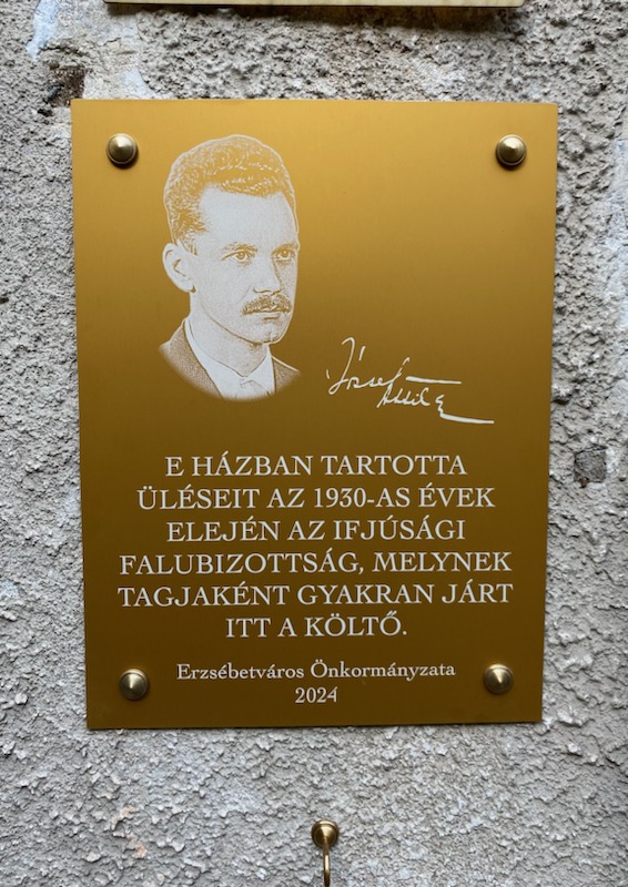 József Attila Emléktábla. 2024. Klauzál utca 13.